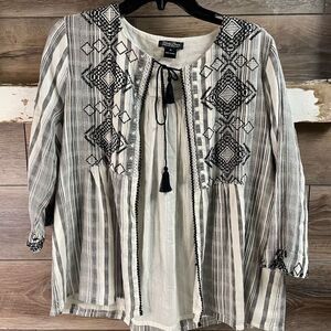 NWT LUCKY BRAND Womens Embroidered Boho Hippie Cardigan Black White Size Medium